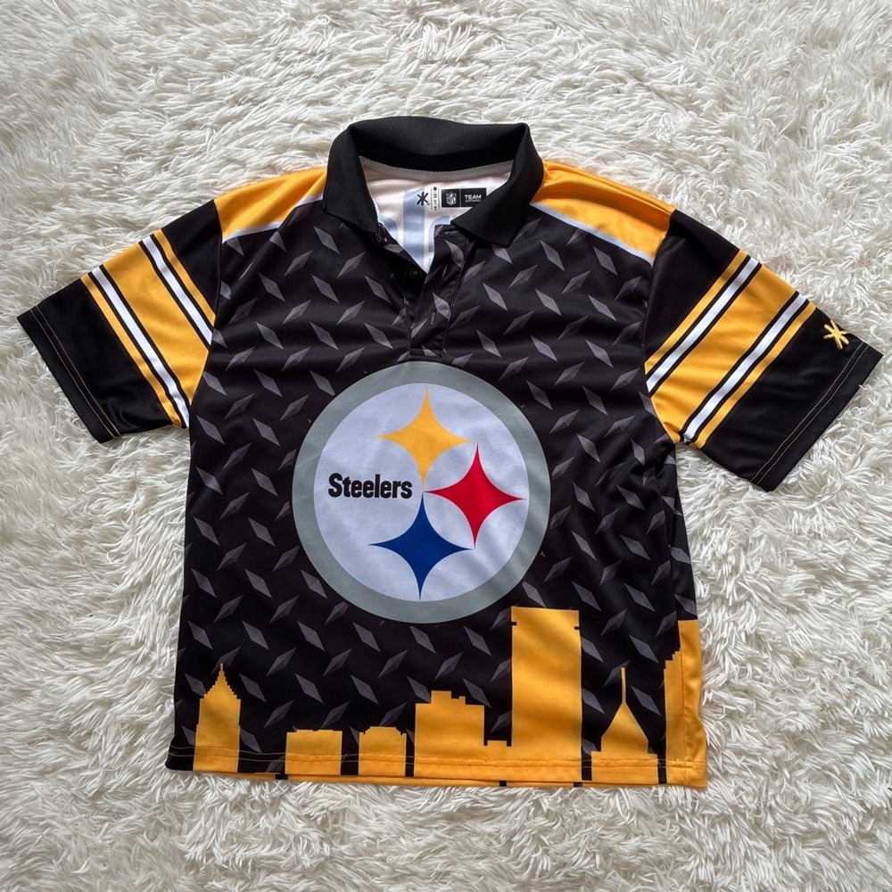 NFL Team Apparel Pittsburgh Steelers Polo Shirt Mens Medium Black Yellow Skyline